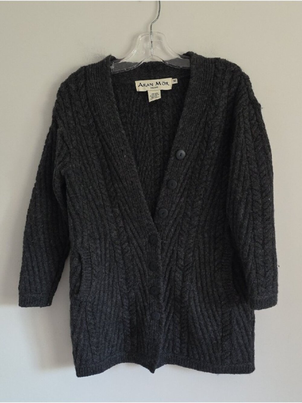 ARAN Mor | chunky cable knit charcoal wool cardigan sweater vintage Sz M